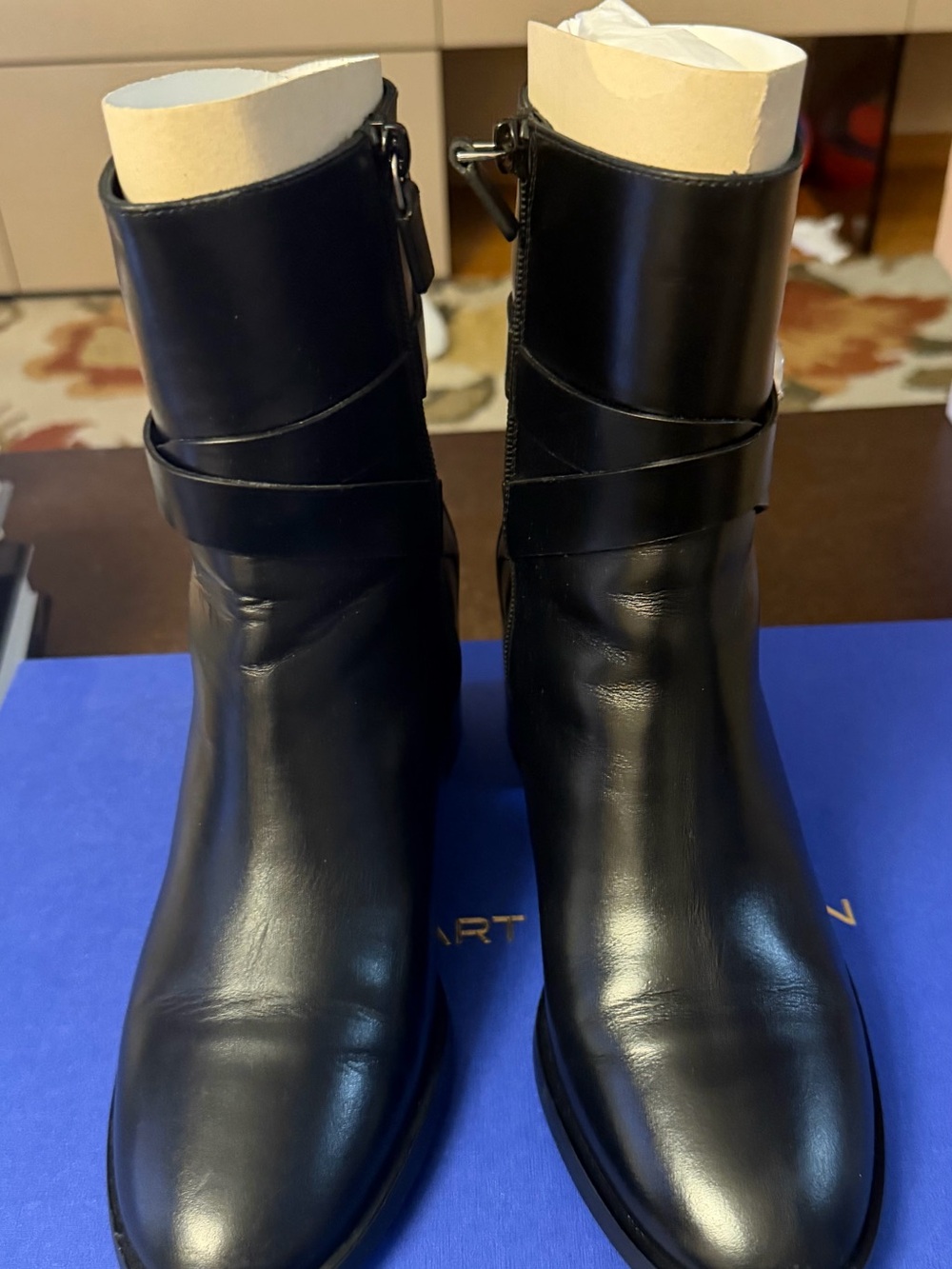 Stuart Weitzman Black Leather women’s Ankle Boots with Wrap Strap